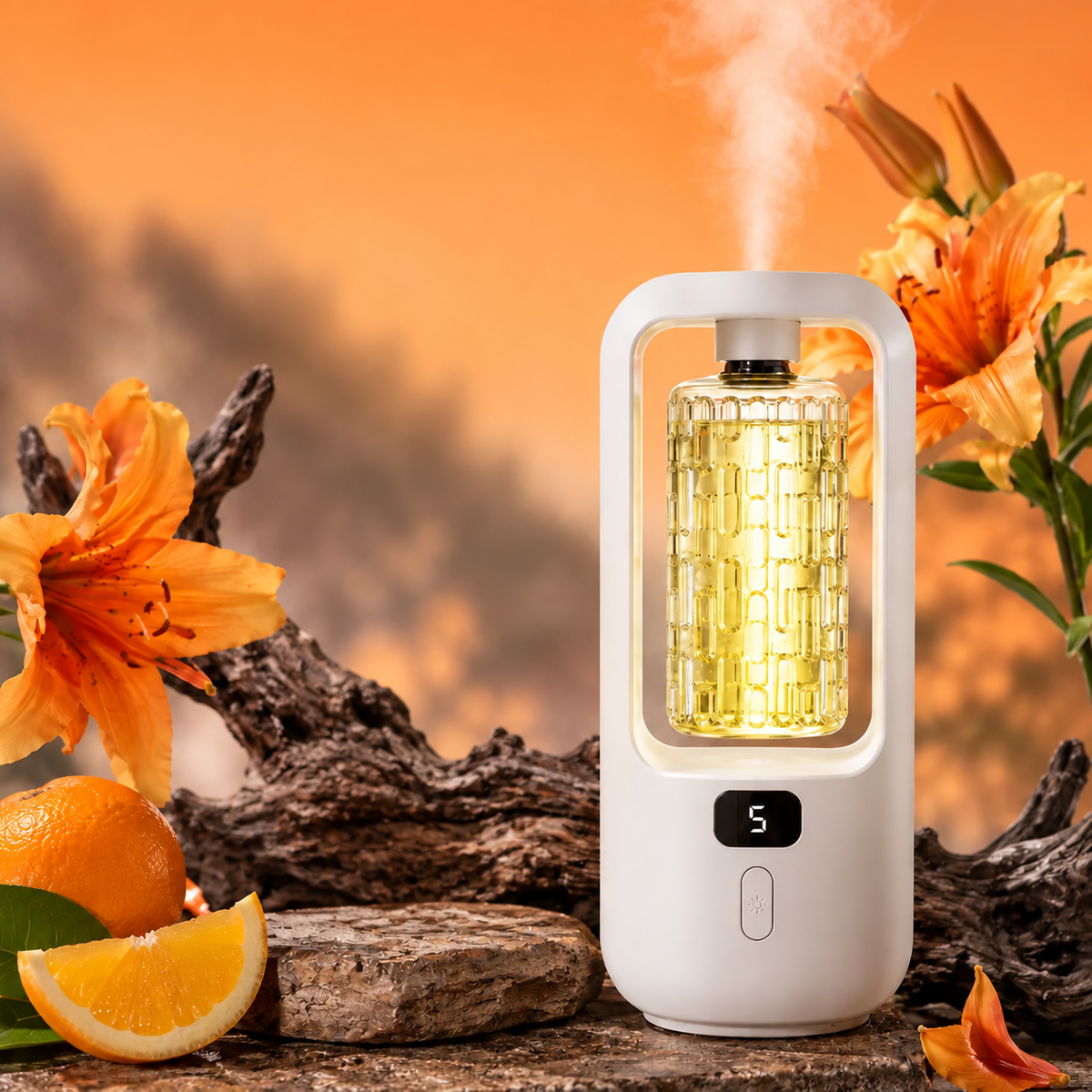 AuraMist Shangri-La Kit showing a white diffuser with one yellow fragrance refill installed against an orange floral background.