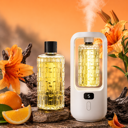 AuraMist™ Citrus Retreat Diffuser Kit with yellow refill oil, warm floral decor, citrus, and soft fragrance mist.
