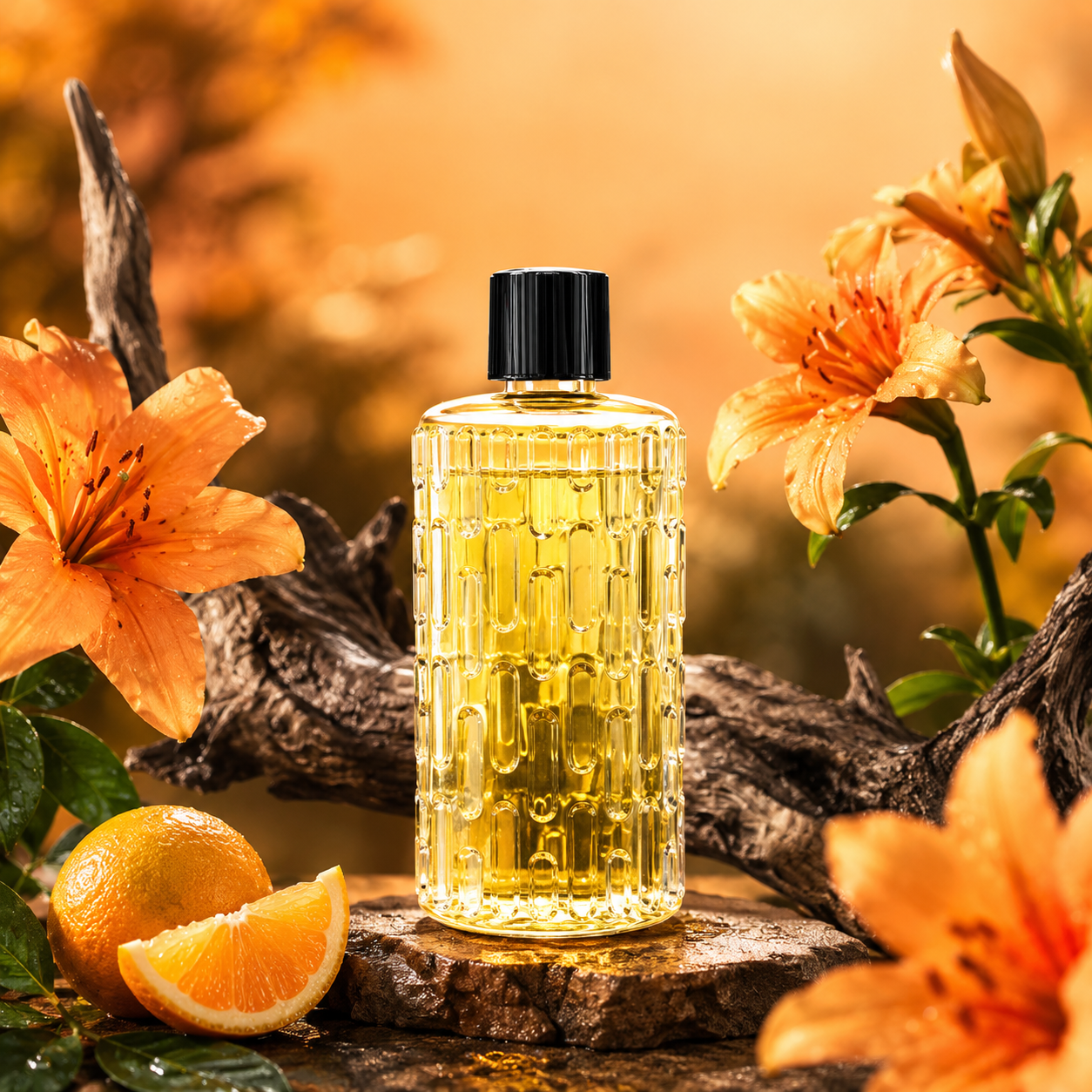 AuraMist™ Citrus Retreat refill oil in a yellow glass bottle with orange citrus slices and warm floral decor.