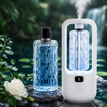 AuraMist™ Eucalyptus Lavender Diffuser Kit with blue refill oil, automatic mist, and ambient light in a natural spa setting.