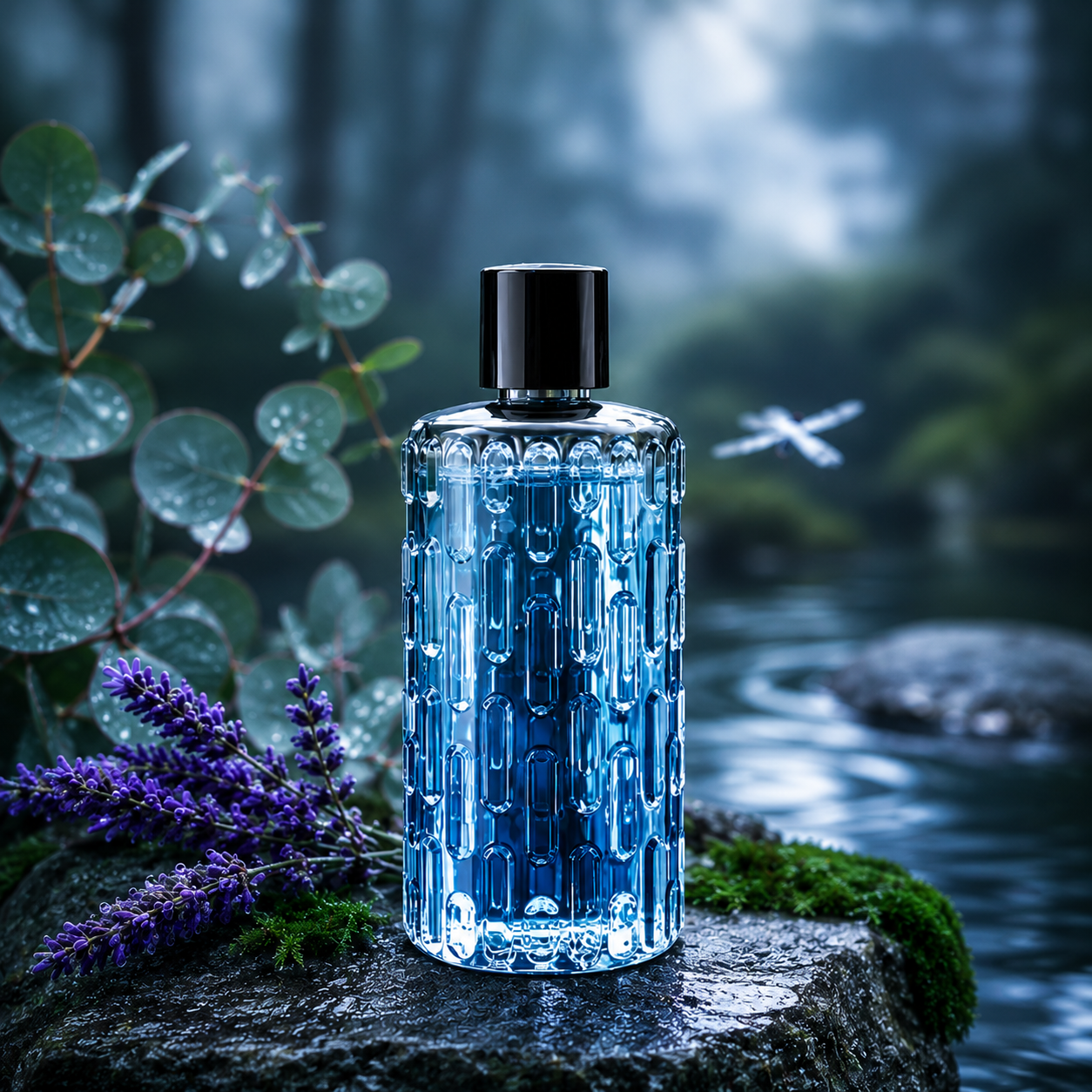 AuraMist™ Eucalyptus Lavender refill oil in a blue glass bottle with lavender and a calm nature-inspired background.