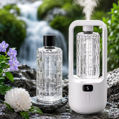 AuraMist™ Fresh Orchard Diffuser Kit with clear refill oil, automatic mist, flowers, and waterfall-style background.