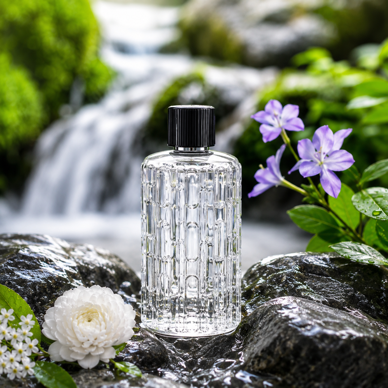 AuraMist™ Fresh Orchard refill oil in a clear glass bottle with flowers, rocks, and a waterfall-style background.