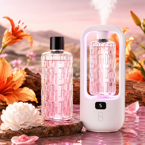 AuraMist™ Gardenia Sandalwood Diffuser Kit with pink refill oil, soft mist, and floral decor for a fresh room setup.