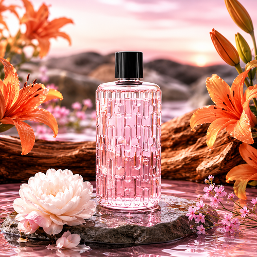 AuraMist™ Gardenia Sandalwood refill oil in a pink glass bottle with floral decor and a soft fresh scent setup.