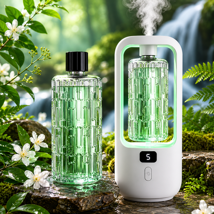 AuraMist™ Jasmine Bloom Diffuser Kit with green refill oil, ambient light, and fresh nature-inspired scent setup.
