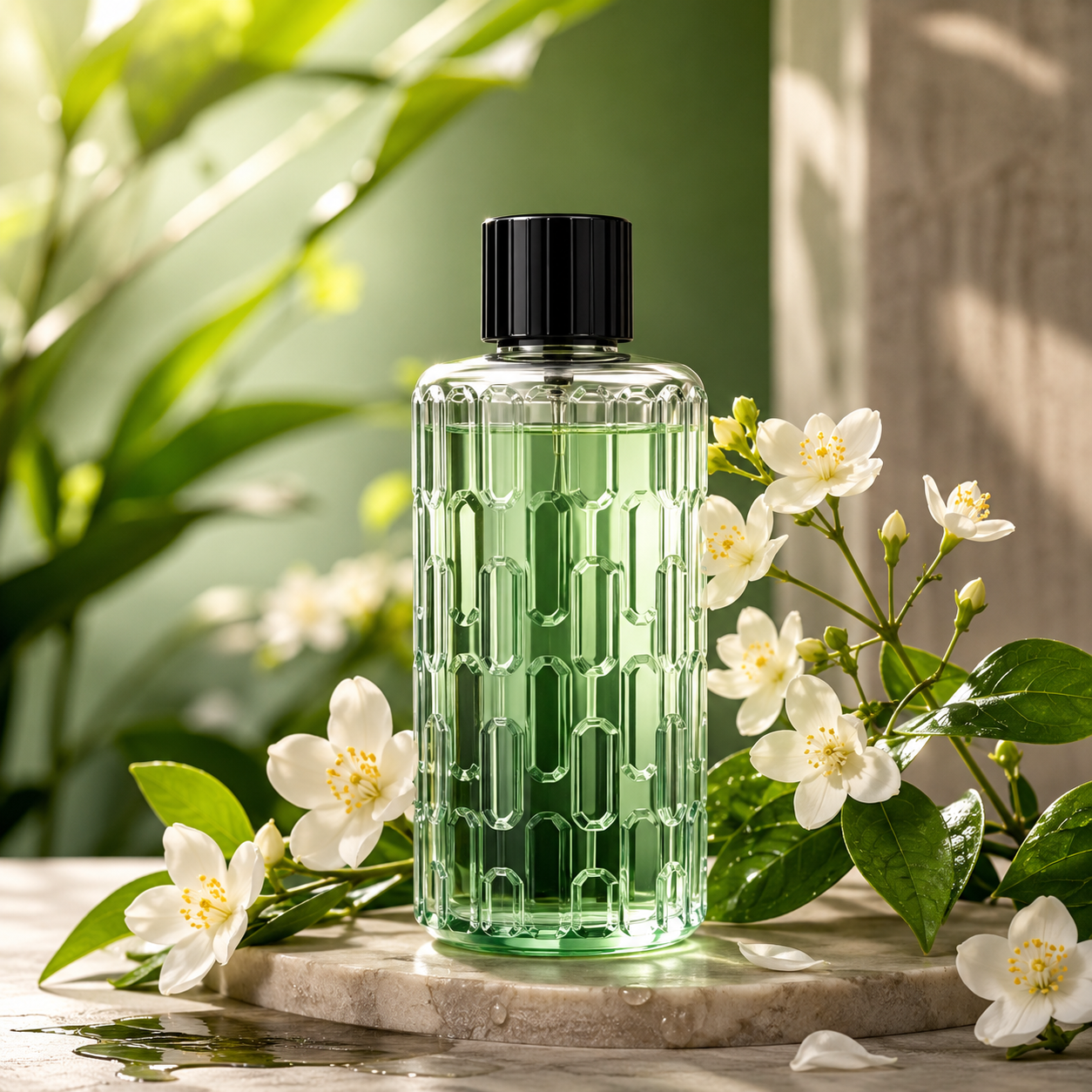 AuraMist™ Jasmine Bloom refill oil in a green glass bottle with white flowers and fresh botanical decor.