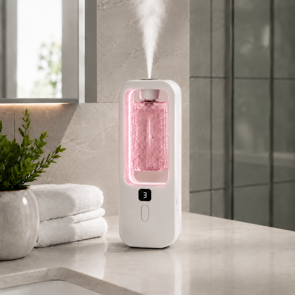 White AuraMist diffuser with a pink Gardenia fragrance bottle and soft pink glow on a marble bathroom counter.