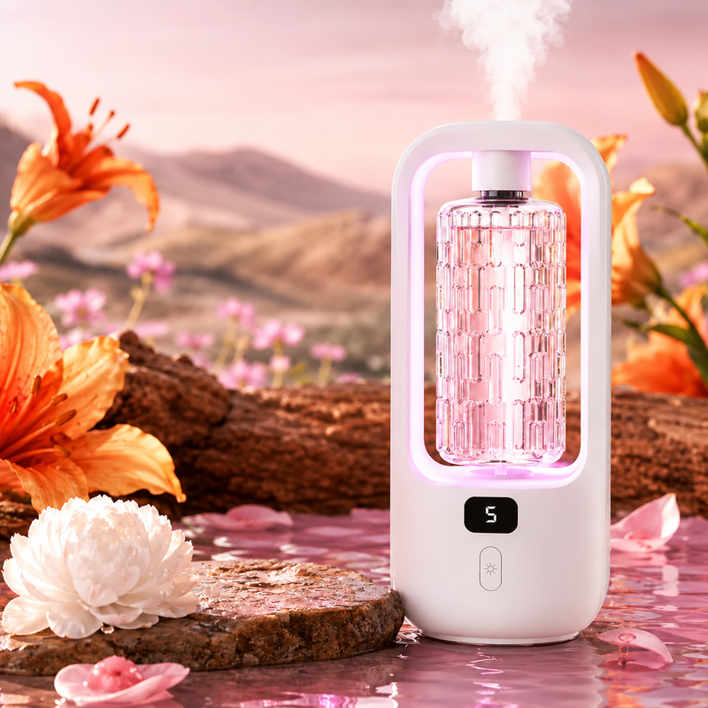 AuraMist Gardenia Kit showing a white diffuser with one pink fragrance refill installed against a floral background.