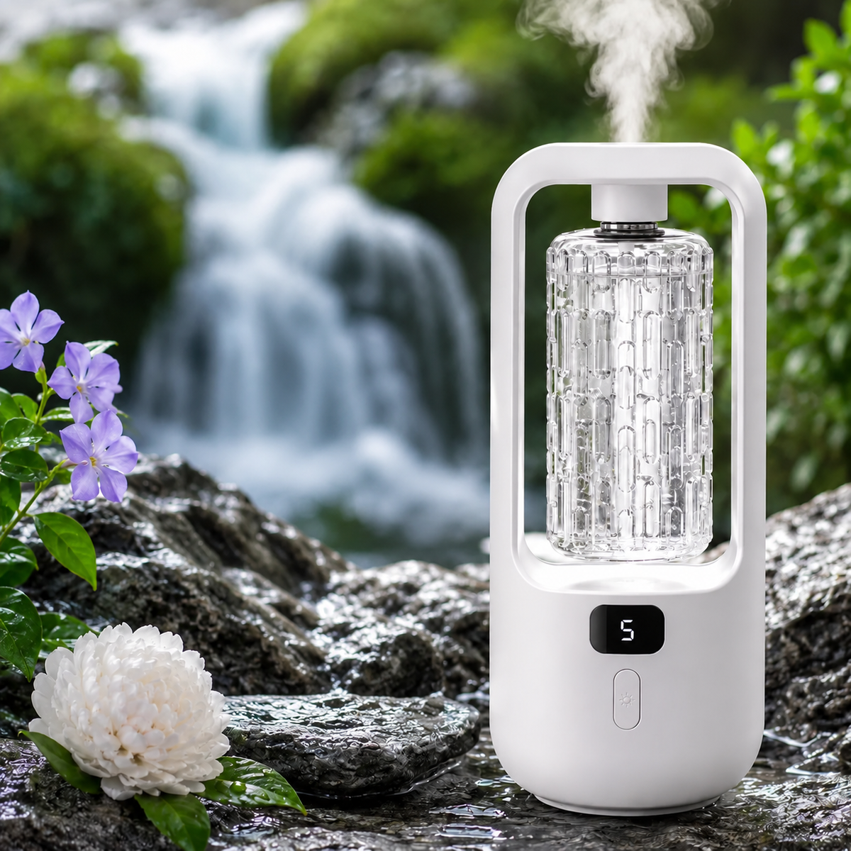 AuraMist Hilton Kit showing a white diffuser with one clear fragrance refill installed against a waterfall background.