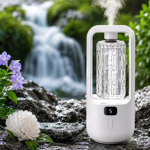 AuraMist Hilton Kit showing a white diffuser with one clear fragrance refill installed against a waterfall background.