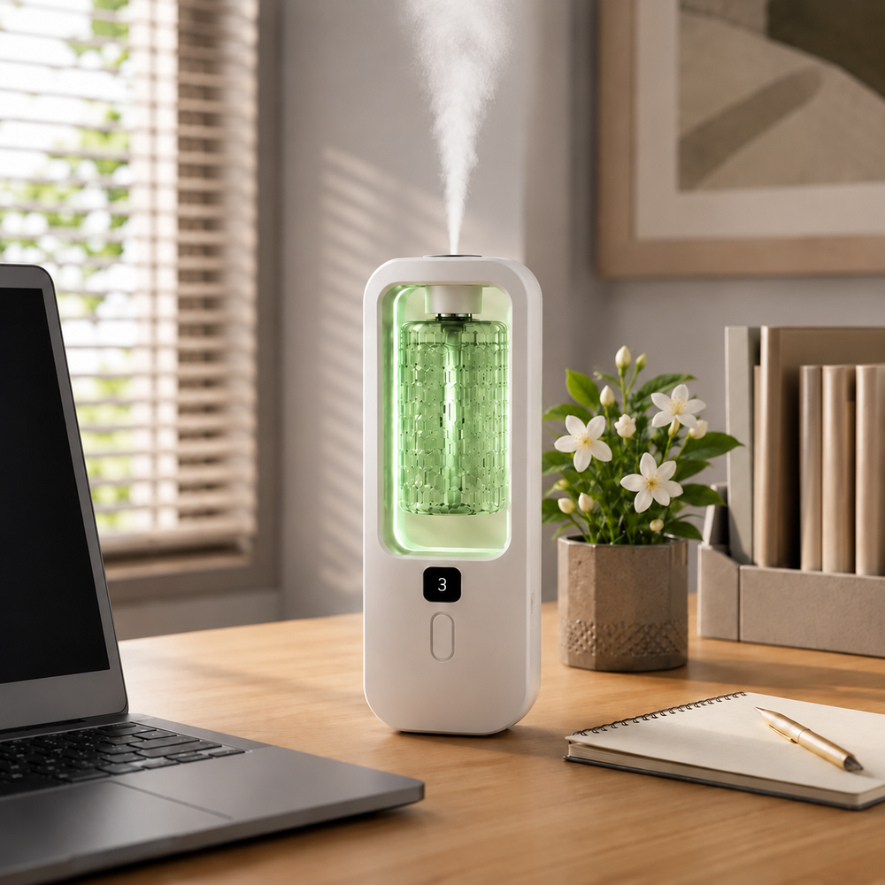 White AuraMist diffuser with a green Jasmine fragrance bottle and pale green glow on a desk beside white jasmine flowers.
