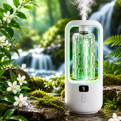 AuraMist Jasmine Kit showing a white diffuser with one green fragrance refill installed, surrounded by jasmine flowers with a waterfall background.