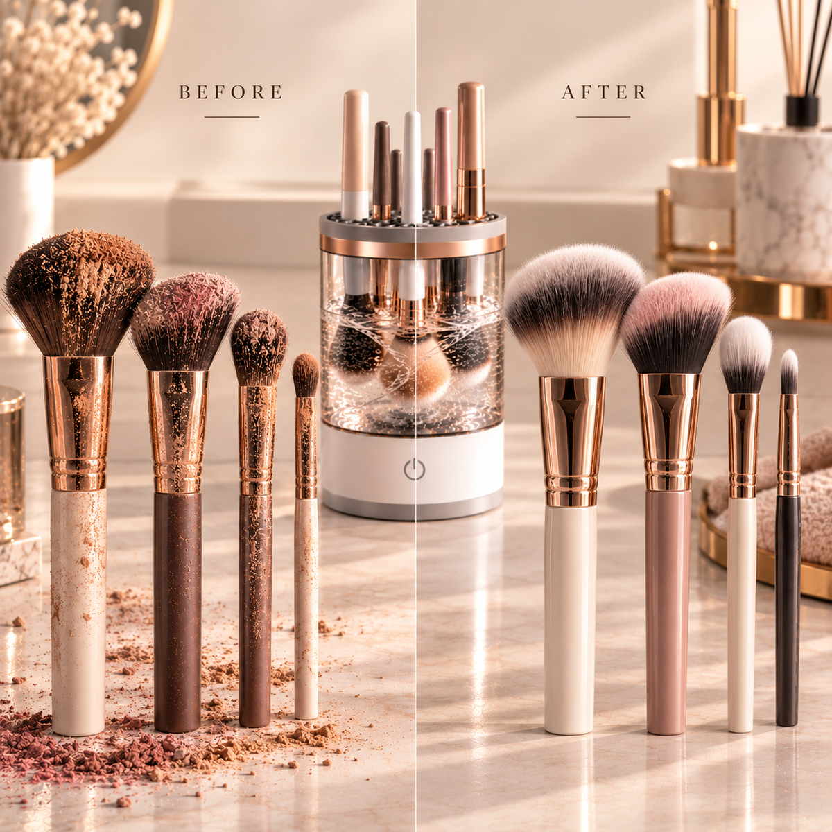 Before and after comparison of makeup brushes being cleaned with BrushFlow